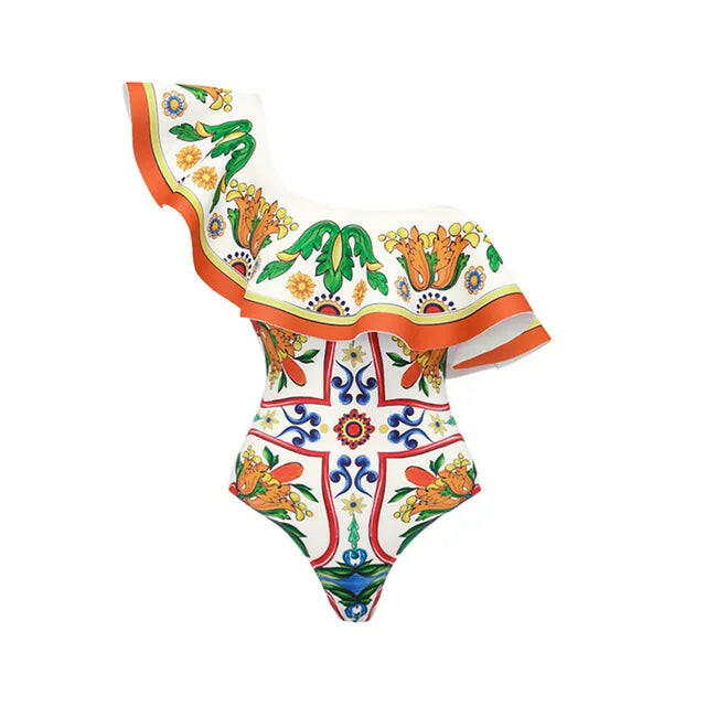 New Women's Lotus Edge Enamel Print Beach Vacation One Piece Swimwear Set.