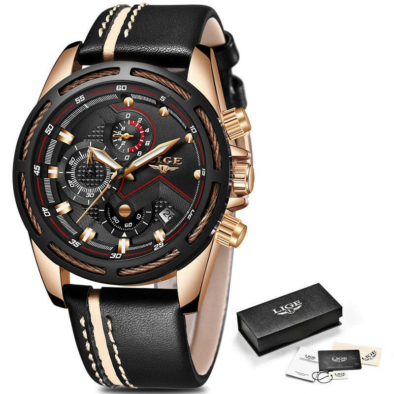 LIGE Watch Men Sport Quartz Clock Leather Mens Watches Top Brand Luxury Gold Waterproof Business Watch.