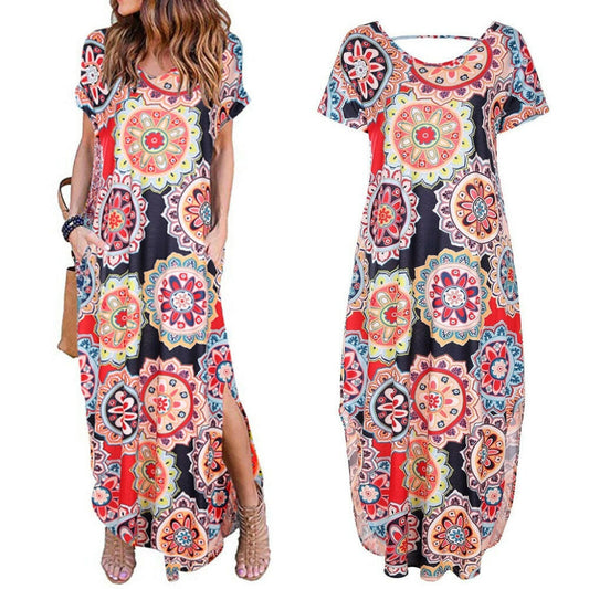 Women Beach Dresses Women's Sexy  Round Neck Floral Print Dress Casual Loose Dress.