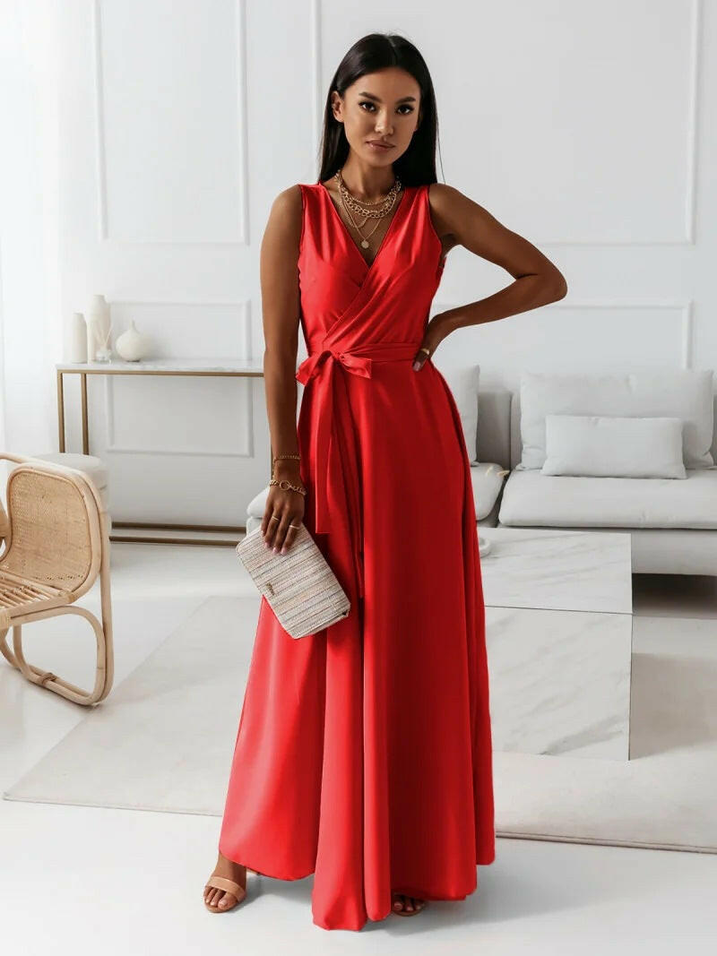 New Women's Solid Color V-Neck Long Dress – Elegant Style.