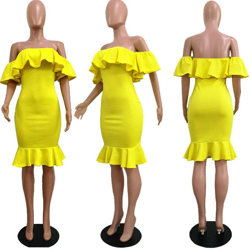 Elegant Yellow Off Shoulder Party Short Dress Women Sexy Backless Ruffles Sleeve Club Dresses Female Clothing.