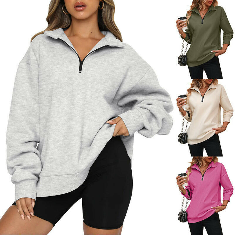 Autumn & Winter Half-Zip Long-Sleeved Sweatshirt – Loose Fit for Women.