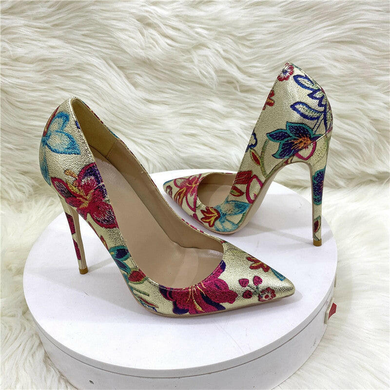 Gold Embroidered Graffiti High Heel Shoes.