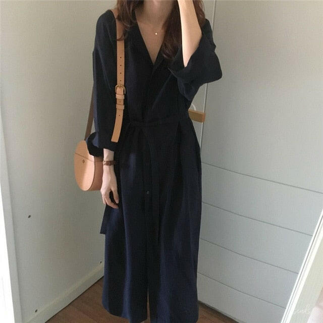 Korea chic Long Sleeve Shirt Dress  New Autumn Spring Casual Patchwork Dresses OL Turn Down Collar Buttons Loose Dresses.