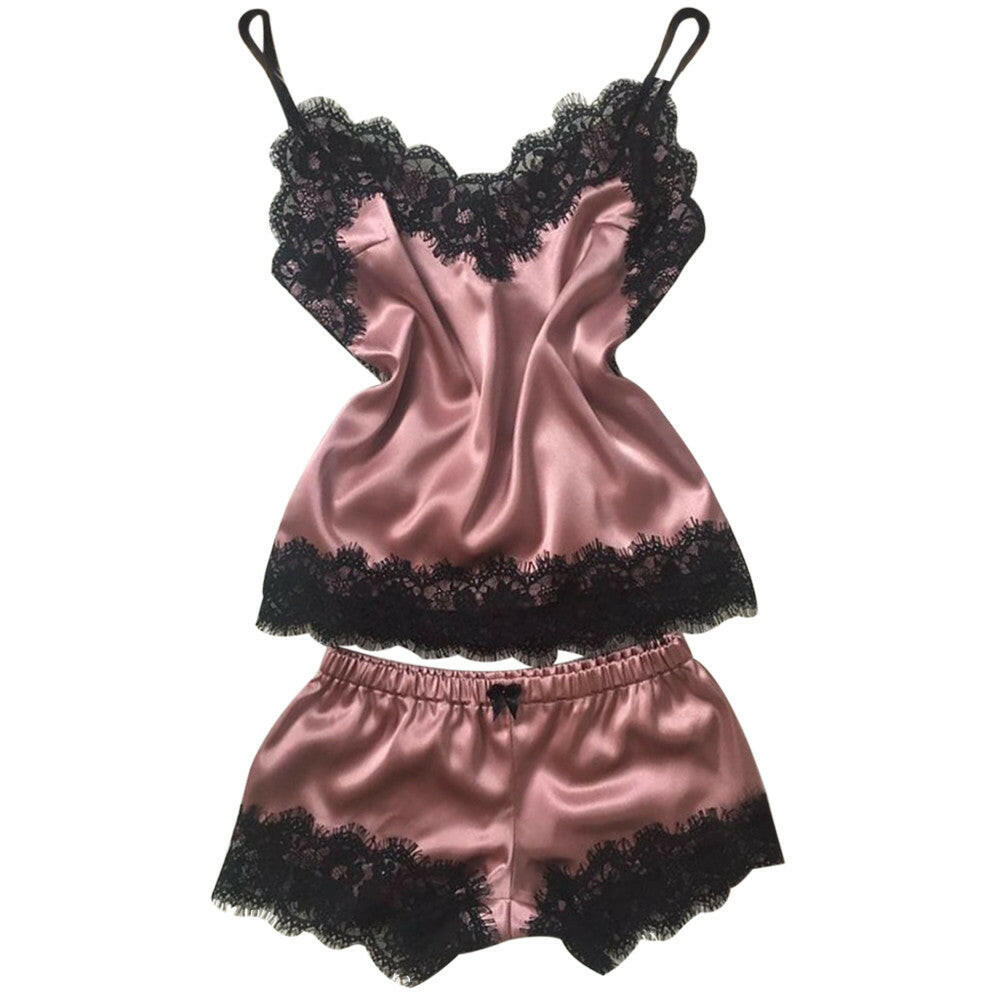 Women's Sexy Satin Pajama Set with Lace Trim.