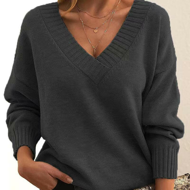 Women's European & American Loose V-Neck Pullover Sweater – Casual & Versatile Knitwear.