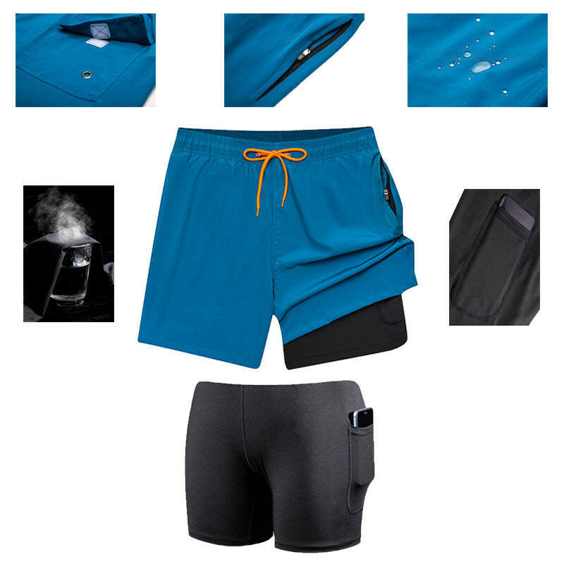 Men's 2-in-1 Beach Swimming Shorts with Zipper Pockets.