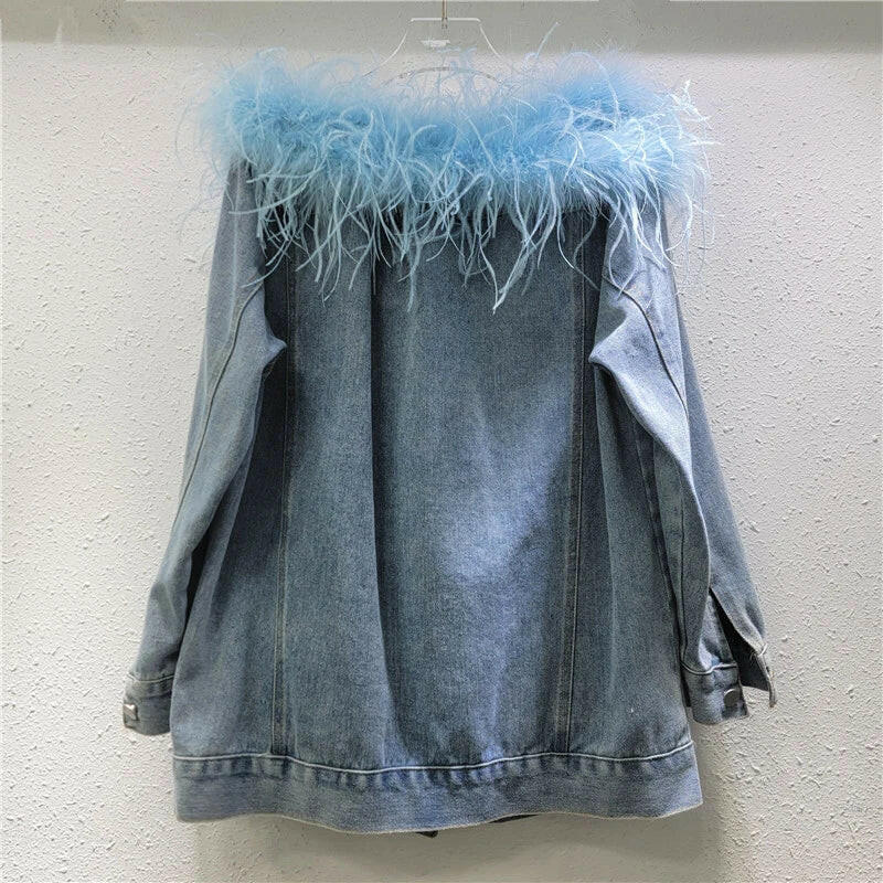 Women's Feather Patchwork Slash Neck Denim Coat – Spring Loose Jacket.