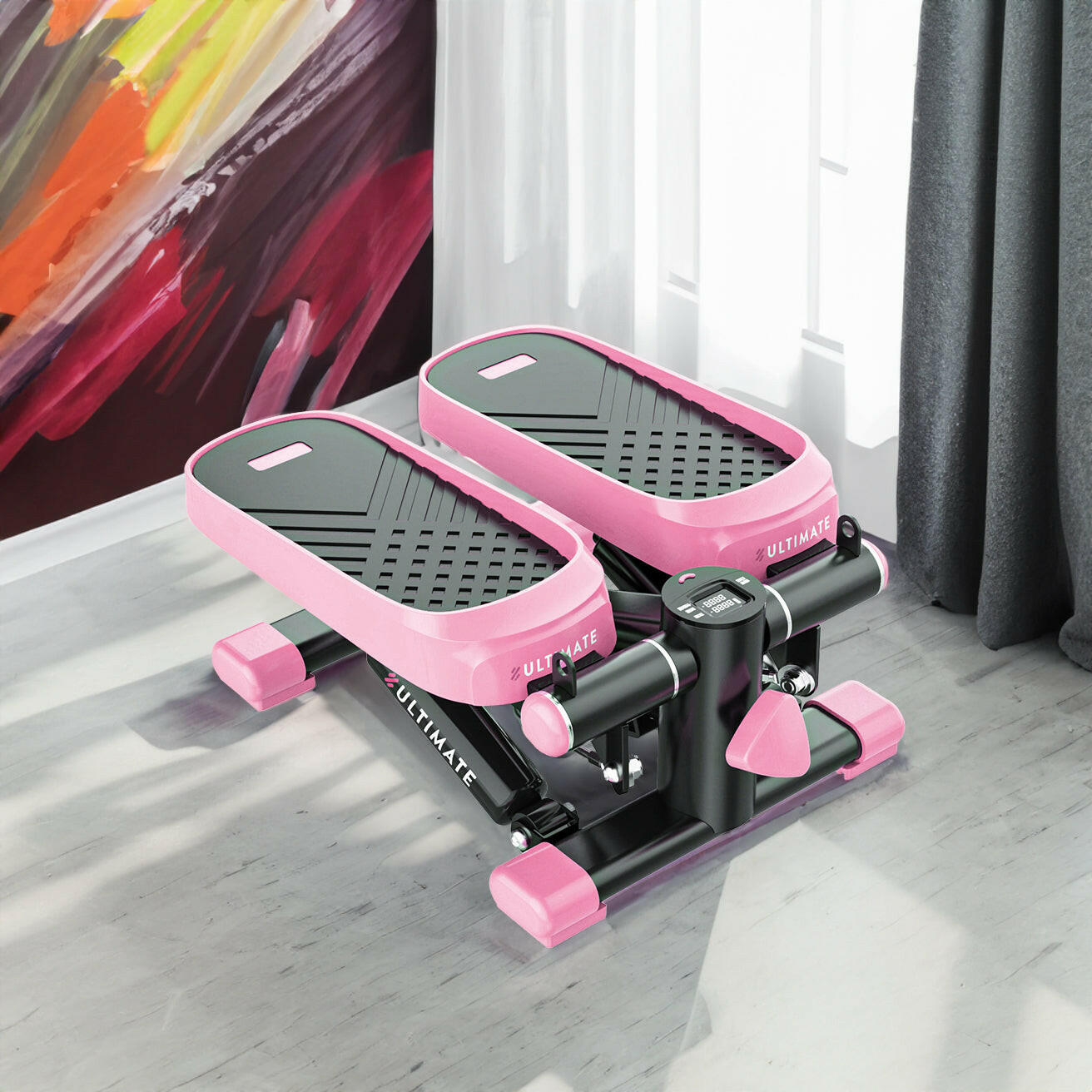 Home Office Exercise 330LBS Capacity Mini Stepper with Resistance Bands and LCD Monitor  Pink.