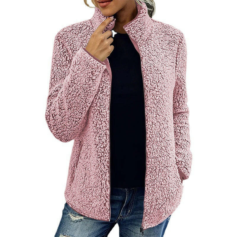 Women's Stand-Up Collar Solid Color Hoodie – Casual Long-Sleeved Zipper Jacket.