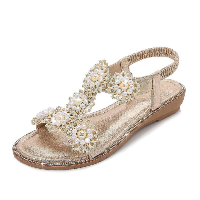 New Casual Ladies Sandals Thong Flower Pearl Decorative Elastic Band Sandals for Women.