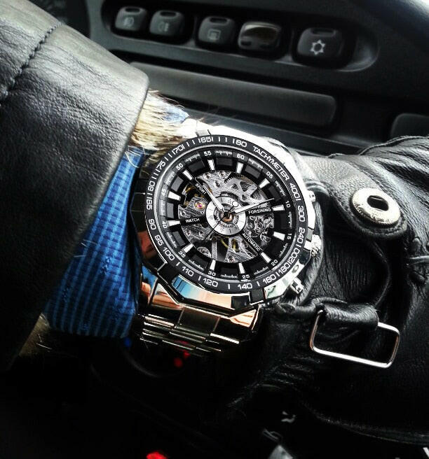 Silver Stainless Steel Waterproof Mens Skeleton Watches Top Brand Luxury Transparent Mechanical Male Wrist Watch.