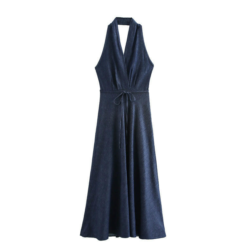 Hanging Neck Collar Long Denim Dress.