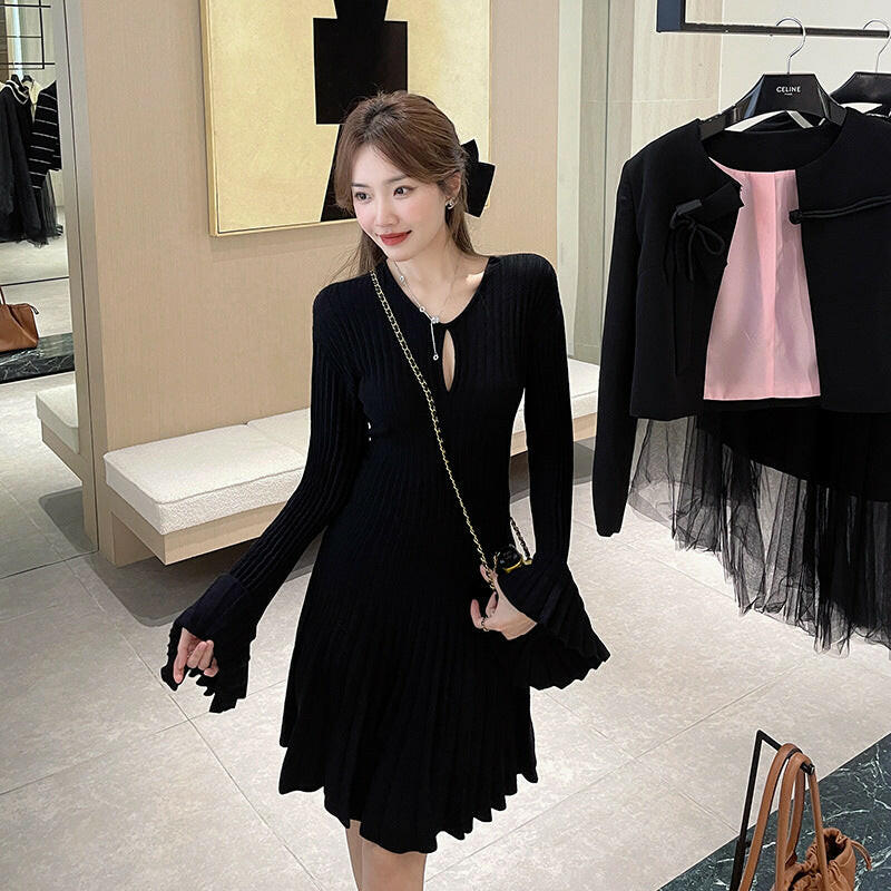 Korean Fashion Dresses for Women Autumn Winter Elegant Flare Sleeve Black Knit Wool Dress  High Quality Vestidos.