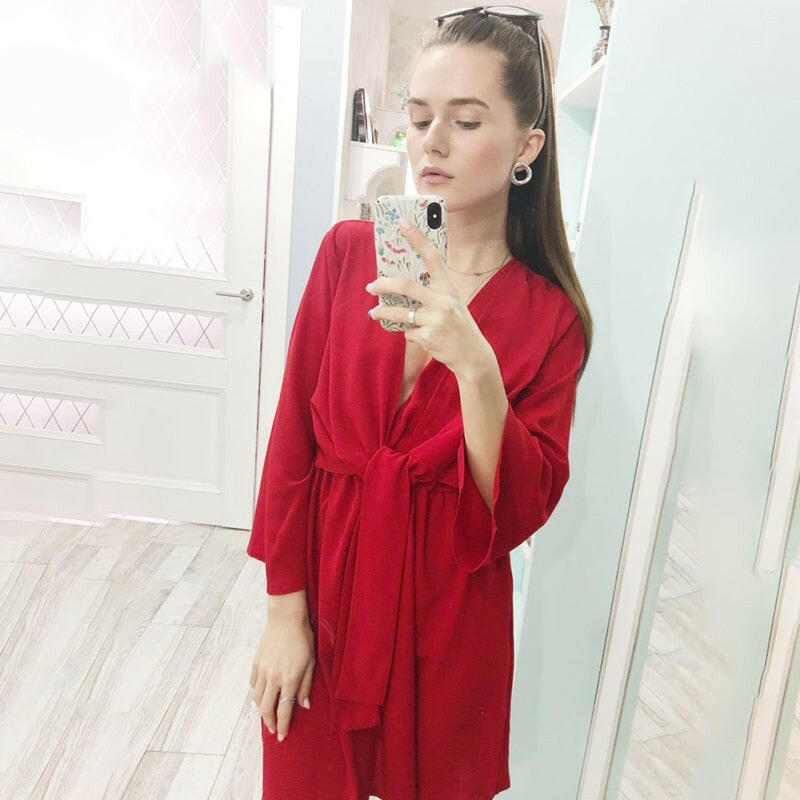 Vintage long sleeve chiffon summer dress women Black bow office bandage dresses Sexy red female ladies short Dress.