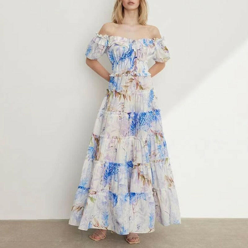 Hit Color Print Dresses For Women Slash Neck Short Sleeve High Waist Off Shoulder Dress.