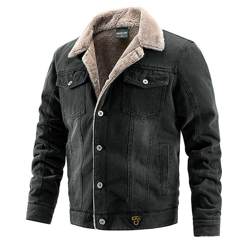 Denim jacket with plush and thick coat for men's casual denim jacket.