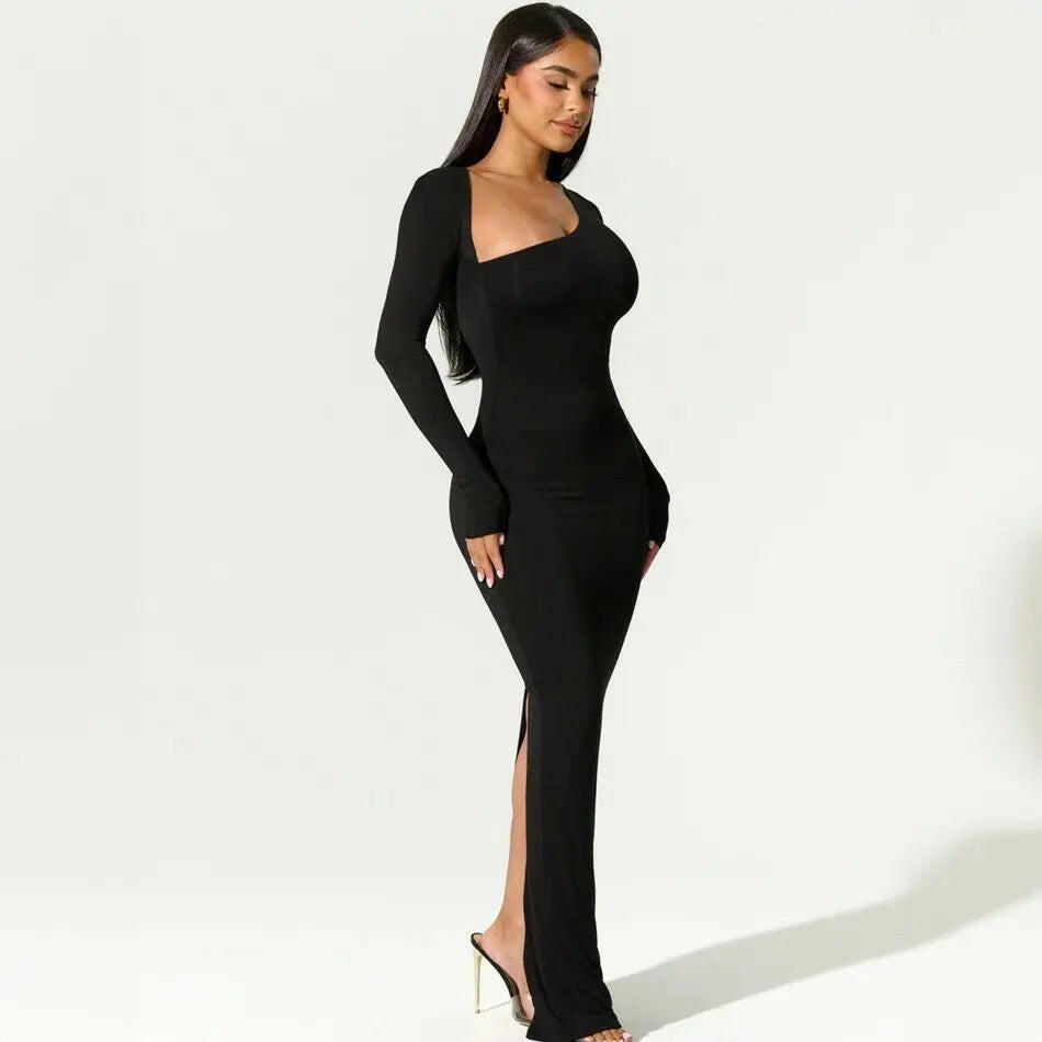 Sexy Black Evening Party Dress Women Elegant 2023 Fall Winter New Outfits Asymmetrical Long Sleeve Slit Maxi Dresses 809.