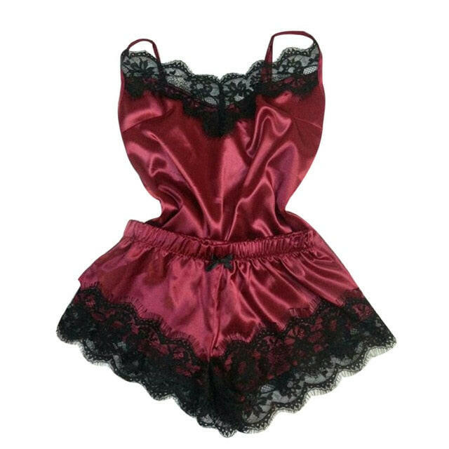 Women's Sexy Satin Pajama Set with Lace Trim.