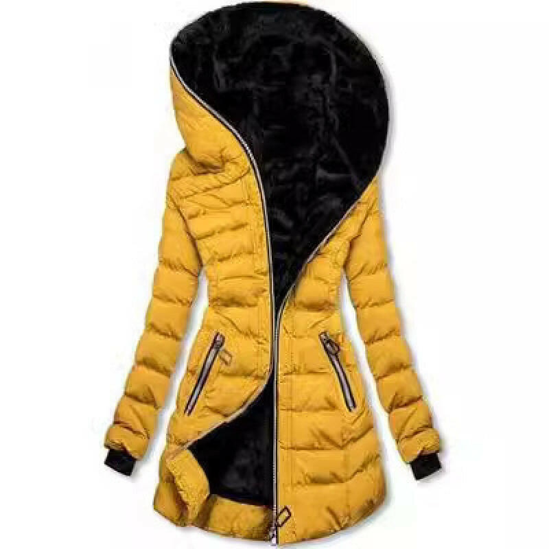 Women's Hooded Long-Sleeve Plush Cotton Winter Jacket – Warm & Cozy Mid-to-Long Length Coat.