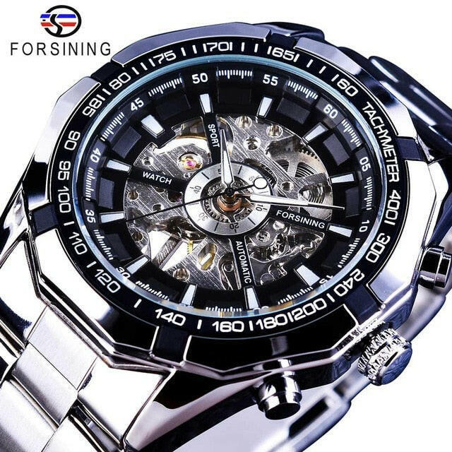 Silver Stainless Steel Waterproof Mens Skeleton Watches Top Brand Luxury Transparent Mechanical Male Wrist Watch.