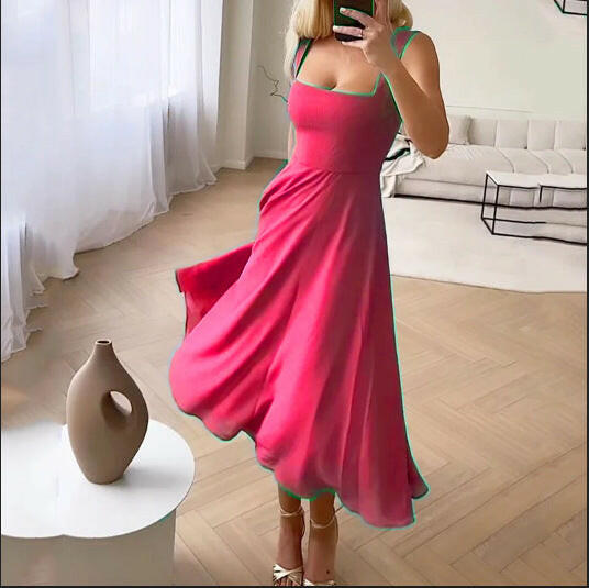 New square collar camisole style waist cinching dress elegant long skirt.