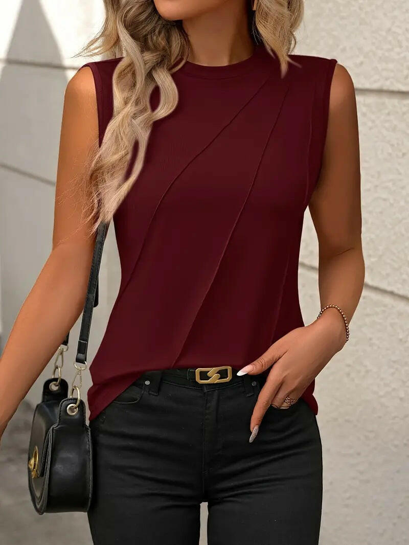 Women's Summer Solid Color Round Neck Sleeveless Loose T-Shirt Vest.