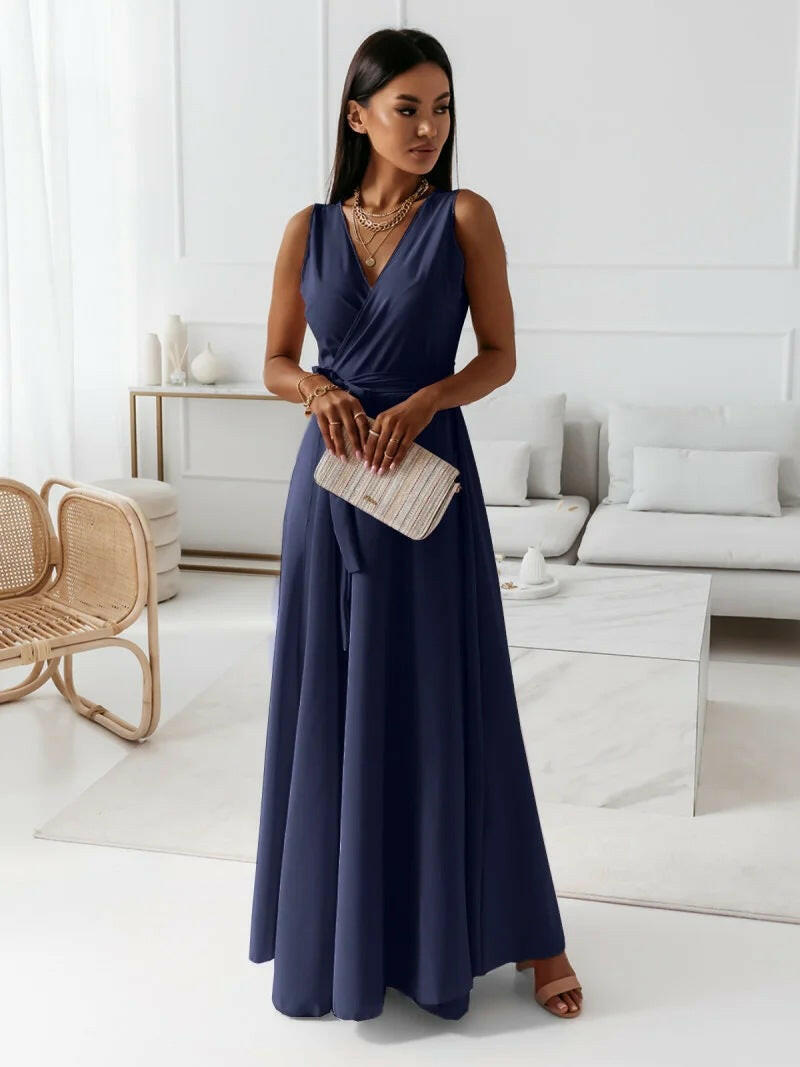 New Women's Solid Color V-Neck Long Dress – Elegant Style.