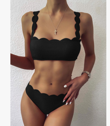 Swimsuits Scalloped Edge Swimwear Women Black Bandeau Bathing Suit Women Solid Biquini Beach Wear.