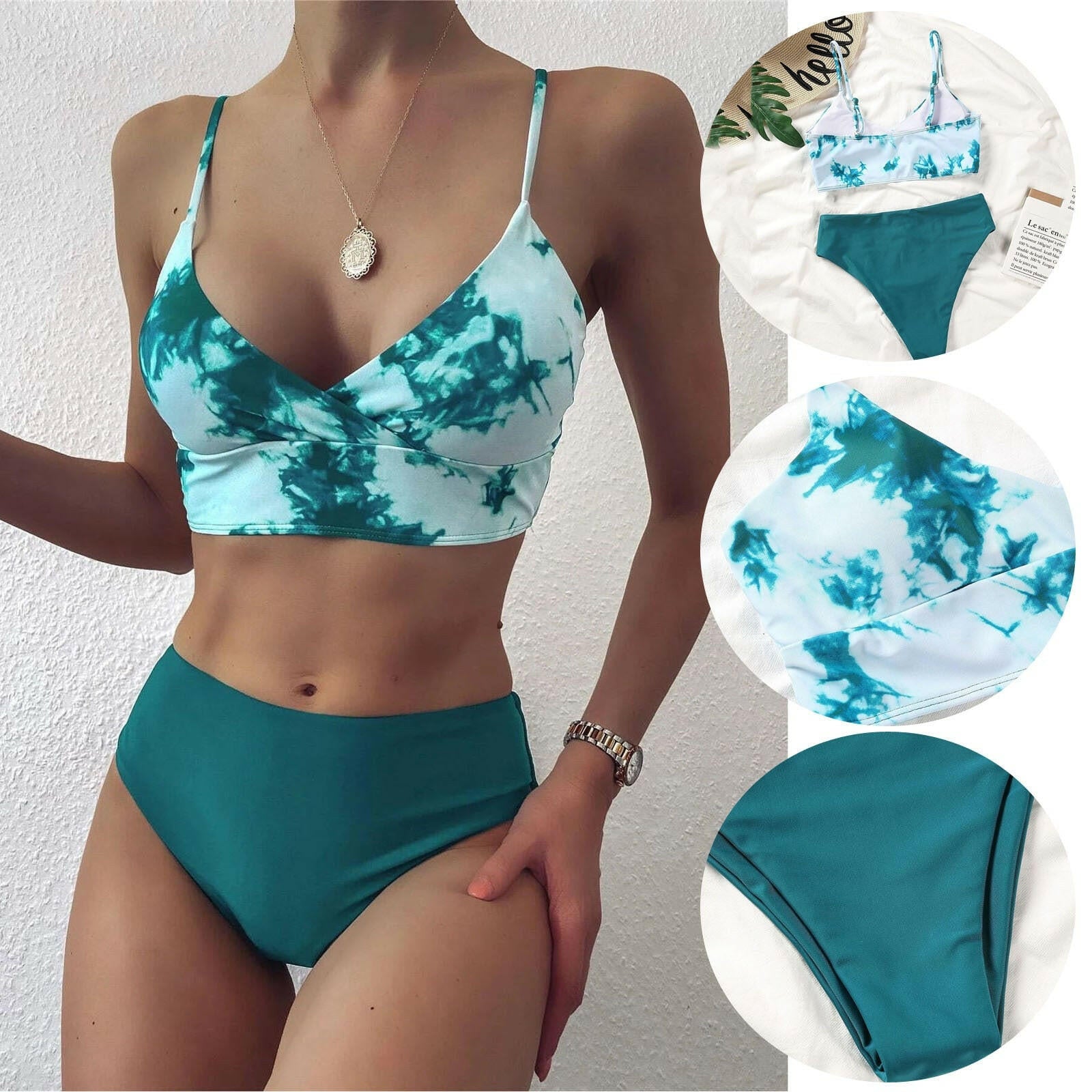 Women Swimsuit Ladies Sexy Fashion Green Color Matching Tie-dye Bandeau Bandage Bikini Set Push-Up Swimwear Beachwear.