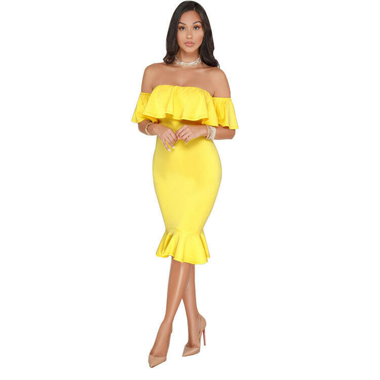 Elegant Yellow Off Shoulder Party Short Dress Women Sexy Backless Ruffles Sleeve Club Dresses Female Clothing.