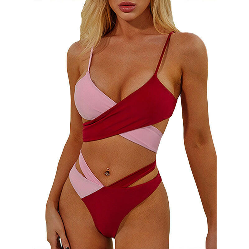 Ladies Tricolor Block Piece One Piece Swimsuit Bandage Swimsuit Bikini Swimwear.