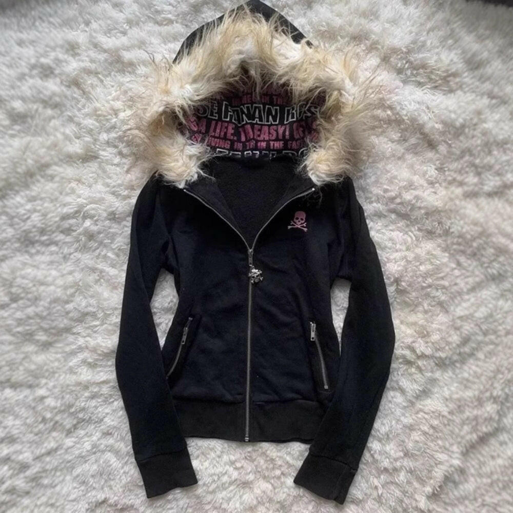 Women's Zipper Hooded Sweatshirt Jacket with Fur Collar – Elegant & Stylish Outerwear.