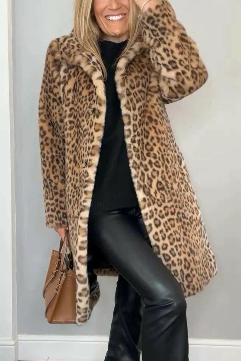 Autumn & Winter Leopard Print Plush Medium-Long Jacket for Women.