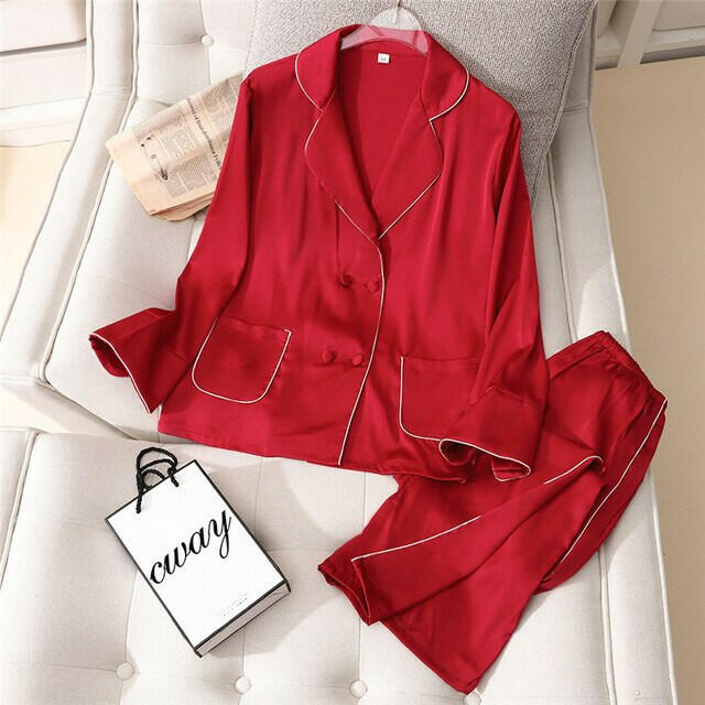 2 Pieces Faux Silk Satin Pajamas Set Autumn Women Sleepwear.