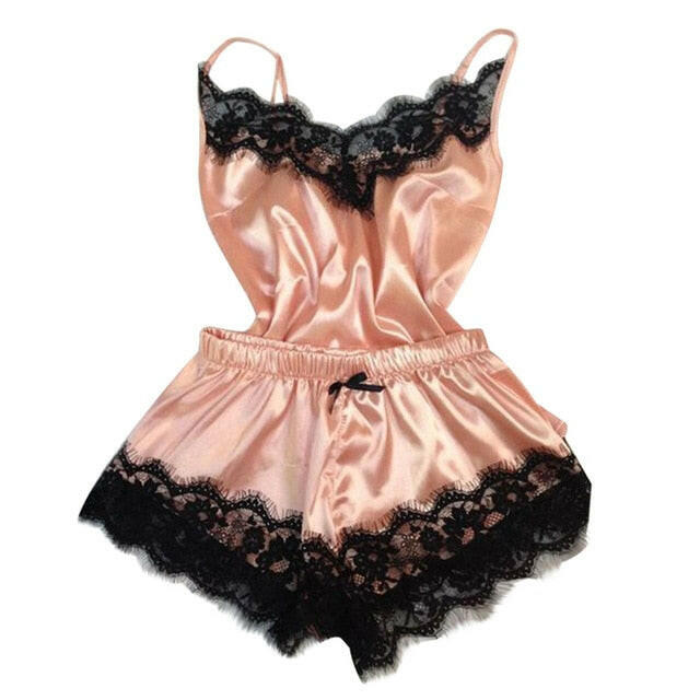 Women's Sexy Satin Pajama Set with Lace Trim.