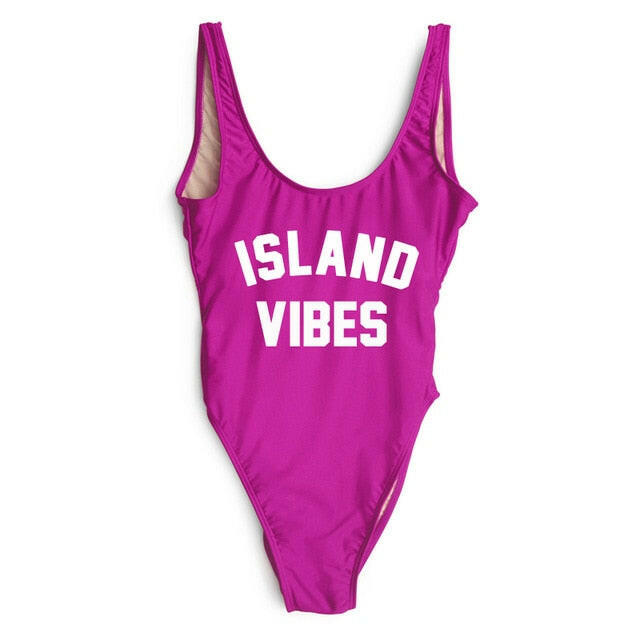 Sexy Swimwear Women ISLAND VIBES Letter Print Swimwear Women High Cut Low Back Bathing Suits.