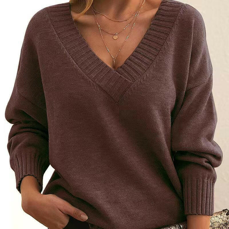 Women's European & American Loose V-Neck Pullover Sweater – Casual & Versatile Knitwear.