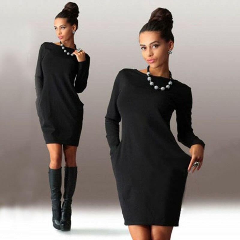 Solid Pockets Casual Loose Autumn Dress Women's O-Neck Long Sleeve Mini Bodycon Dresses vestidos.