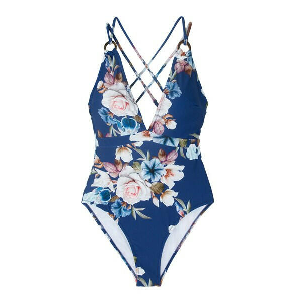 CUPSHE Blue Floral Strappy One-Piece Swimsuit Women Sexy Crisscross Monokini Swimwear Girl Beach Bathing Suits.