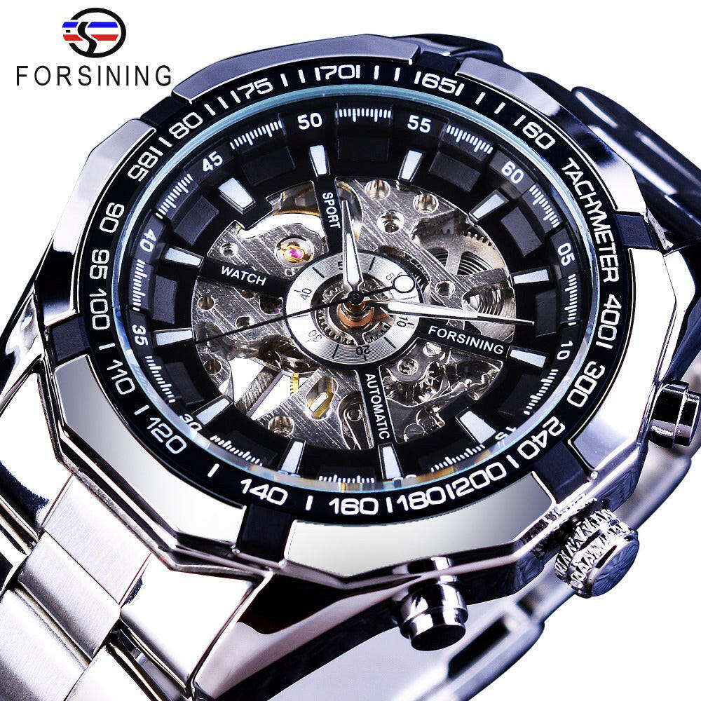 Silver Stainless Steel Waterproof Mens Skeleton Watches Top Brand Luxury Transparent Mechanical Male Wrist Watch.