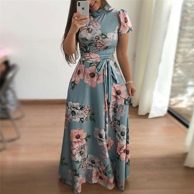 Women Summer Dress  Casual Short Sleeve Long Dress Boho Floral Print Maxi Dress Turtleneck Bandage Elegant Dresses Vestido.