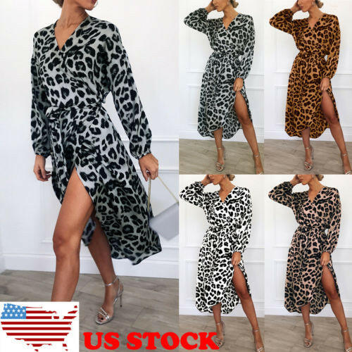 Women Wrap Leopard Printed Boho Long Maxi Dress Casual Bandage Bodycon Long Sleeve V Neck Loose Club Wear Dresses.