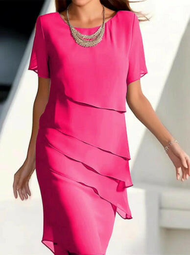 Women's Solid Color Short-Sleeved Sparkling Ruffle Edge Round Neck Casual Dress.