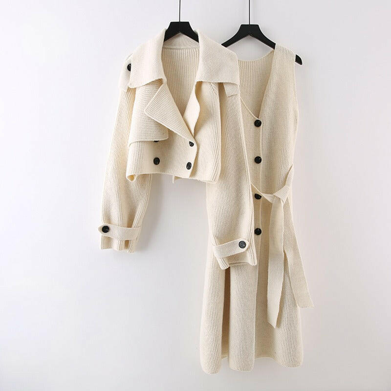 Fashion Knitted 2 Pieces Set For Women Lapel Single Breasted Long Sleeves Patchwork Coat Straight Belt Dresses.