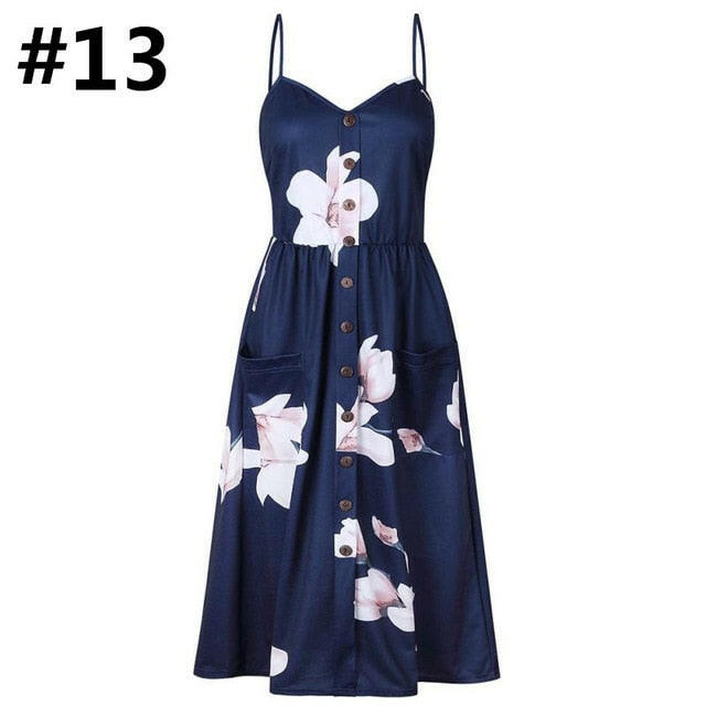 Sexy Women Floral Sleeveless Long Dresses Ladies Spaghetti Strap Sundress Printing Sling Button Backless Sexy Dress 20 Color W6.