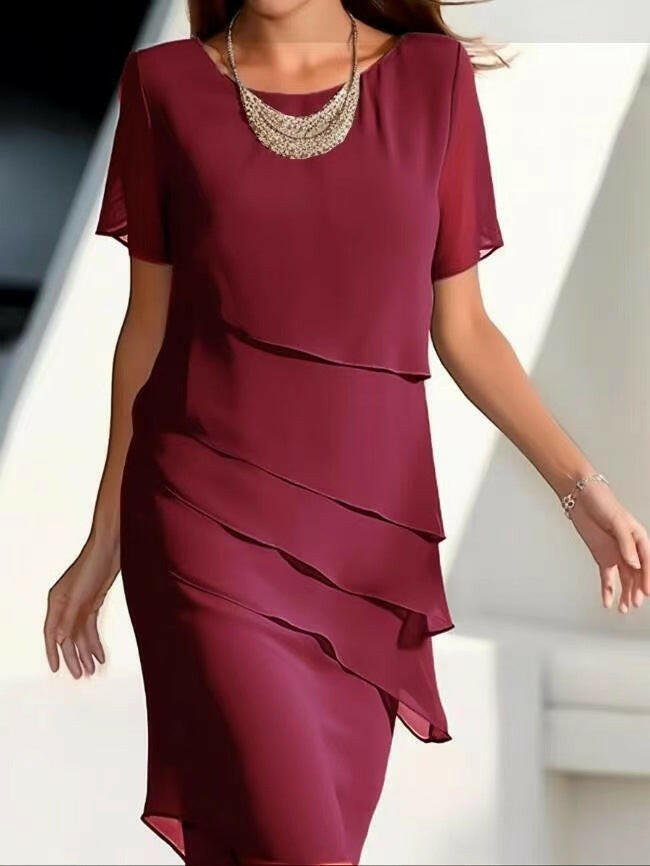 Women's Solid Color Short-Sleeved Sparkling Ruffle Edge Round Neck Casual Dress.