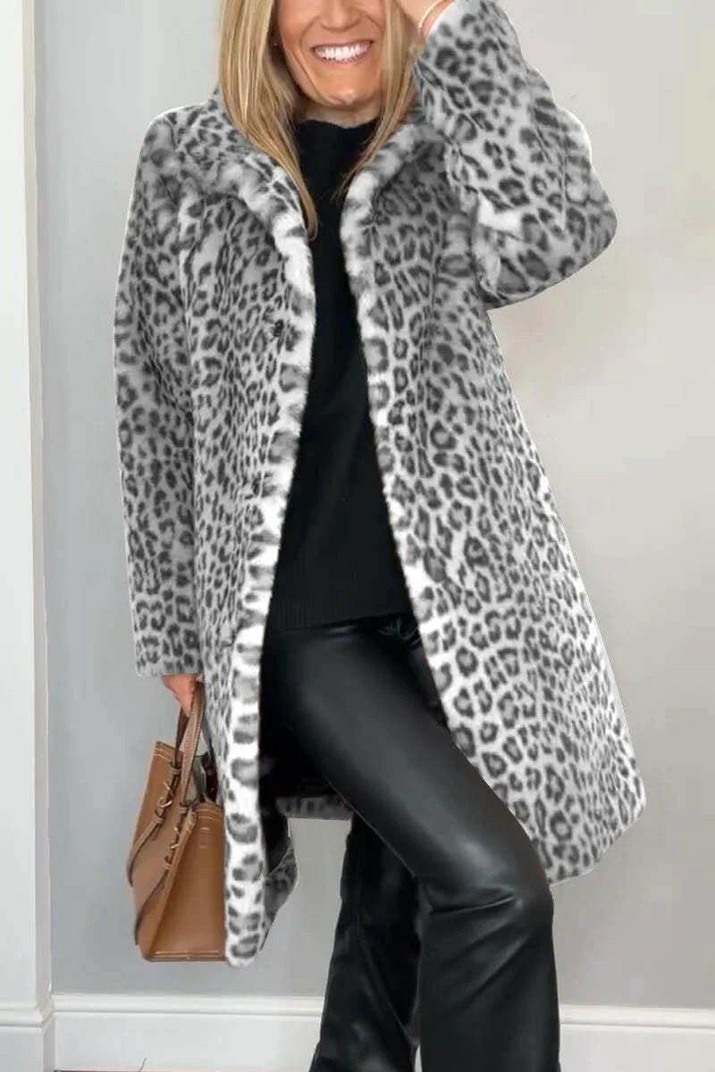 Autumn & Winter Leopard Print Plush Medium-Long Jacket for Women.