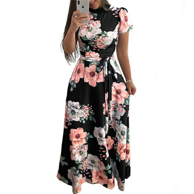 Women Summer Dress  Casual Short Sleeve Long Dress Boho Floral Print Maxi Dress Turtleneck Bandage Elegant Dresses Vestido.