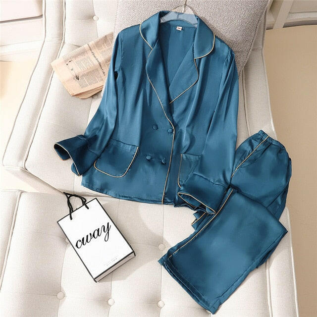 2 Pieces Faux Silk Satin Pajamas Set Autumn Women Sleepwear.